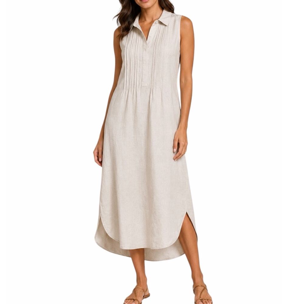 Malvin Beige Linen Midi Dress Women’s Size S Sleeveless Collared Neutral Coastal